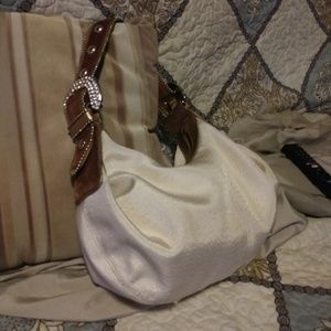 Rhinestone buckle hobo cream faux cowhide straps
